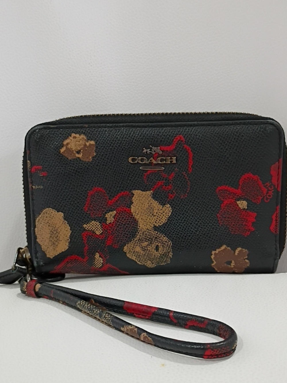 Coach Black Floral Double Zip Around Wristlet/Wallet with Red and Tan Accents
